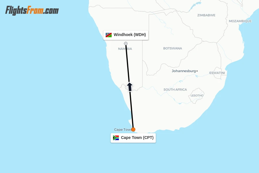 Flights from Cape Town to Windhoek route map