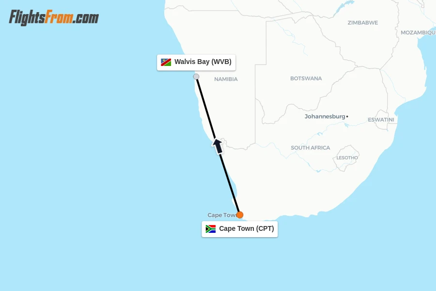 Flights from Cape Town to Walvis Bay route map