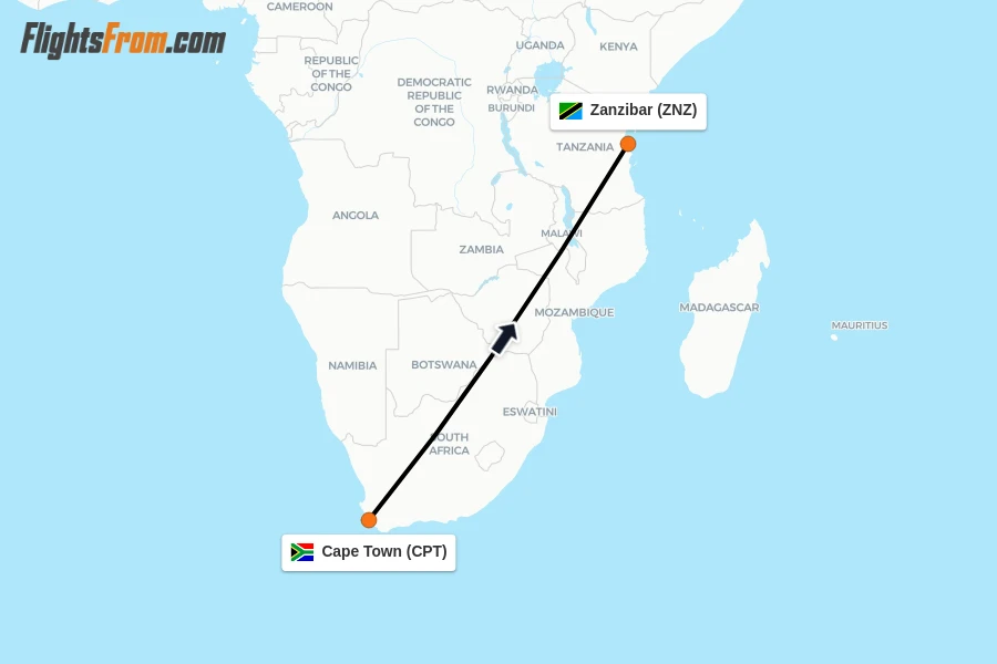 Flights from Cape Town to Zanzibar route map
