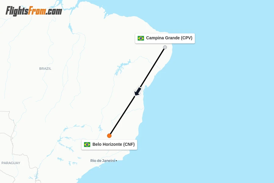 Flights from Campina Grande to Belo Horizonte route map