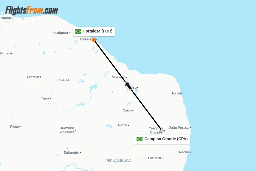 Flights from Campina Grande to Fortaleza route map