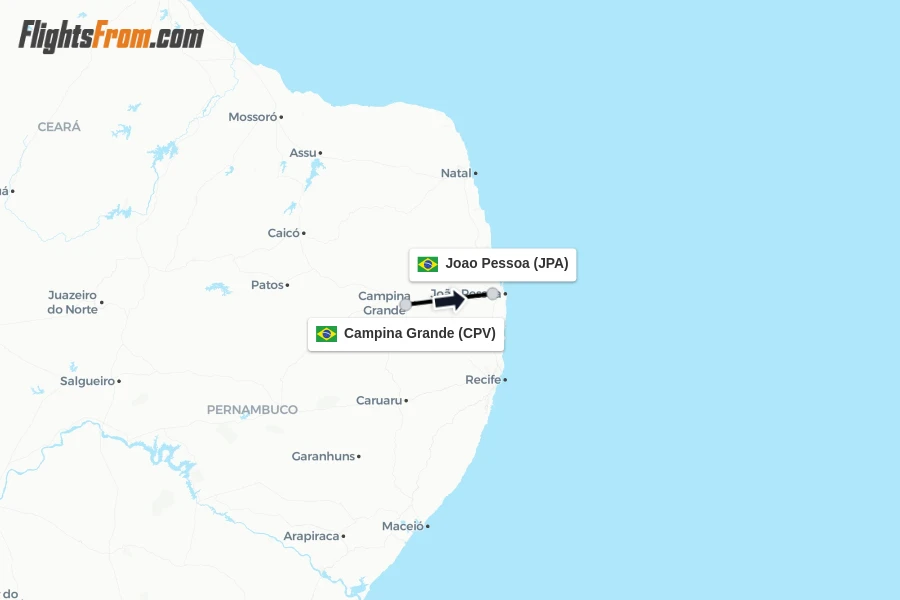 Flights from Campina Grande to Joao Pessoa route map