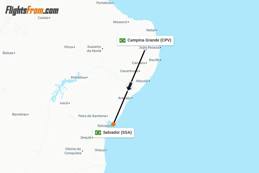 Flights from Campina Grande to Salvador route map