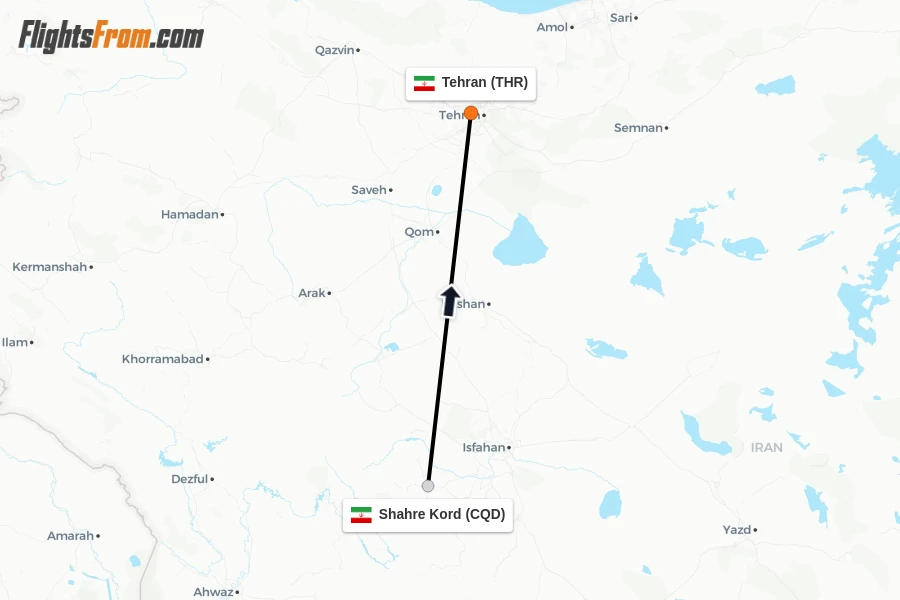 Flights from Shahre Kord to Tehran route map