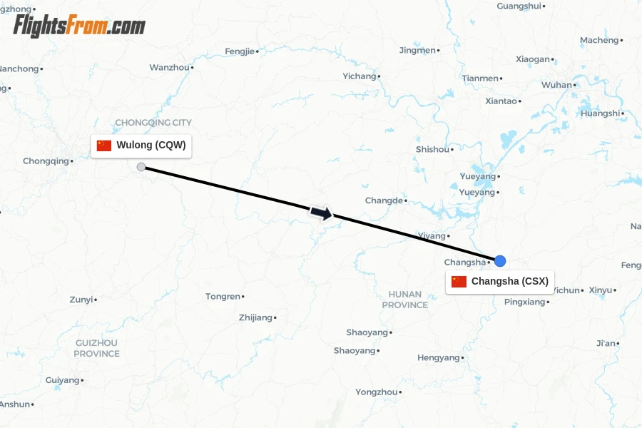 Flights from Wulong to Changsha route map