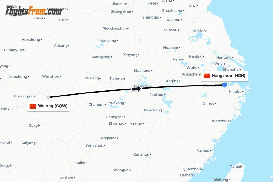 Flights from Wulong to Hangzhou route map