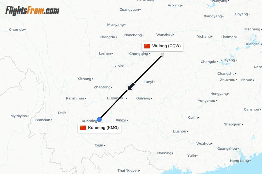 Flights from Wulong to Kunming route map