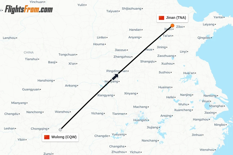 Flights from Wulong to Jinan route map