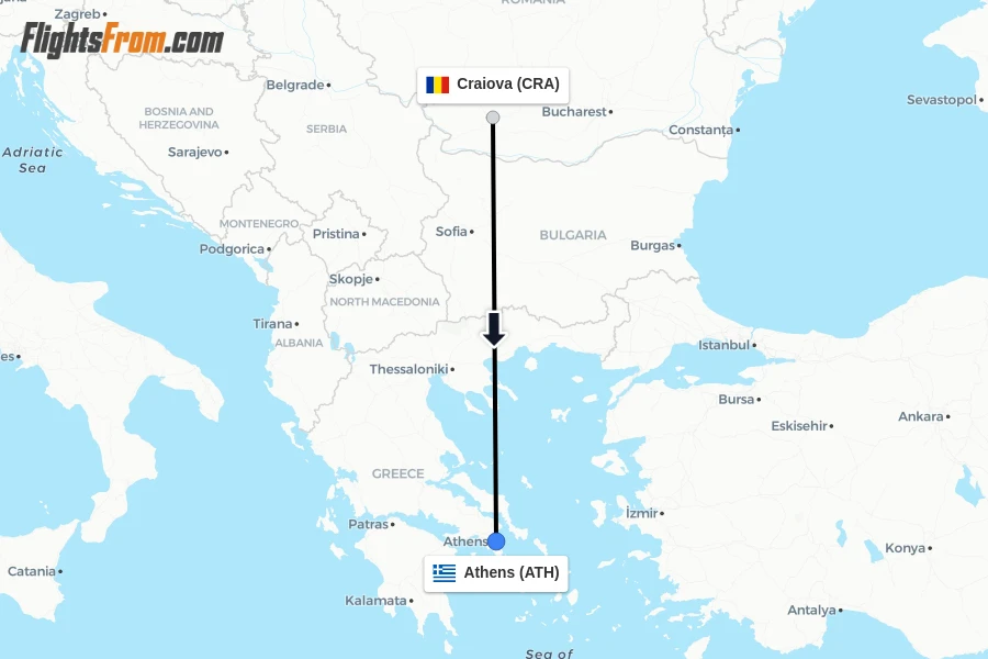 Flights from Craiova to Athens route map