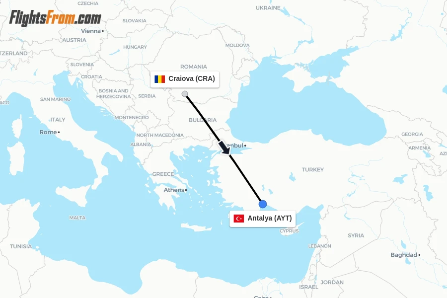 Flights from Craiova to Antalya route map