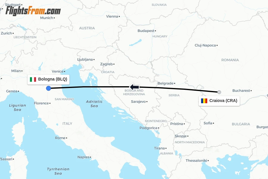 Flights from Craiova to Bologna route map