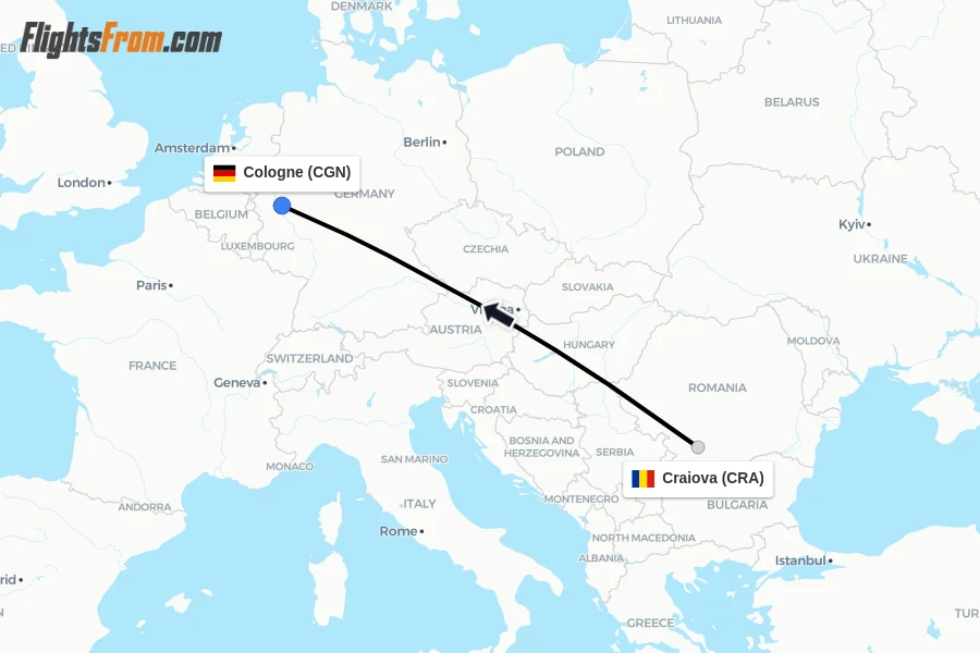 Flights from Craiova to Cologne route map