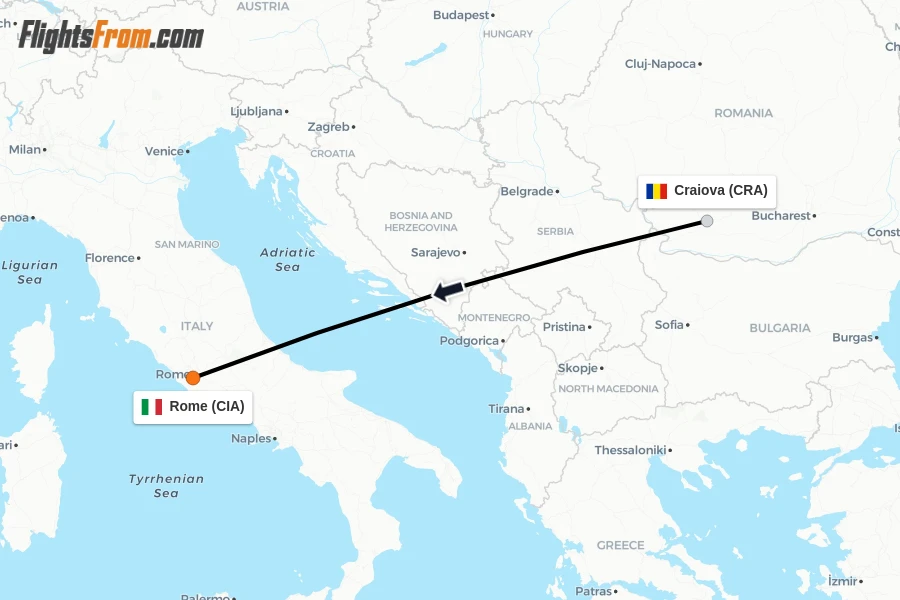 Flights from Craiova to Rome route map