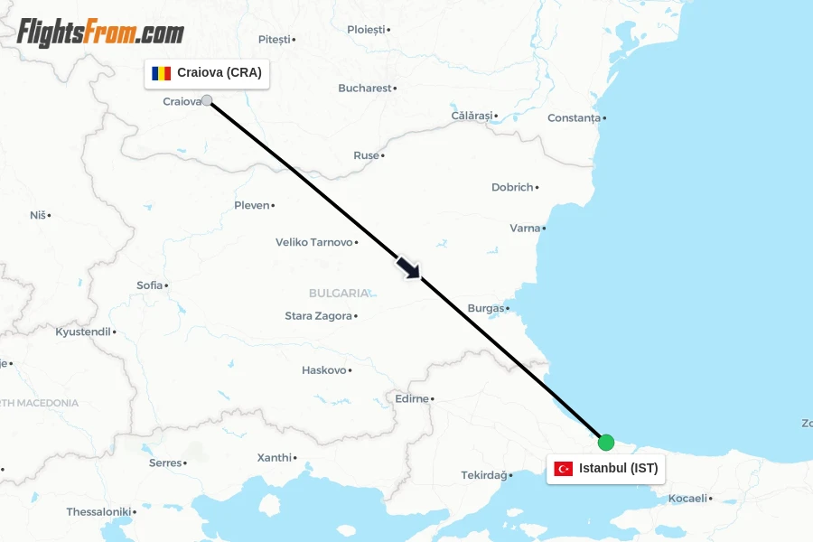 Flights from Craiova to Istanbul route map