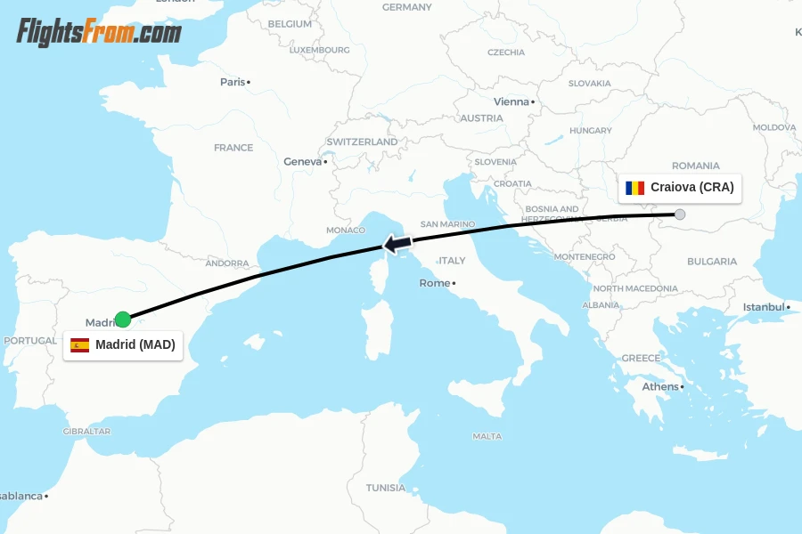 Flights from Craiova to Madrid route map