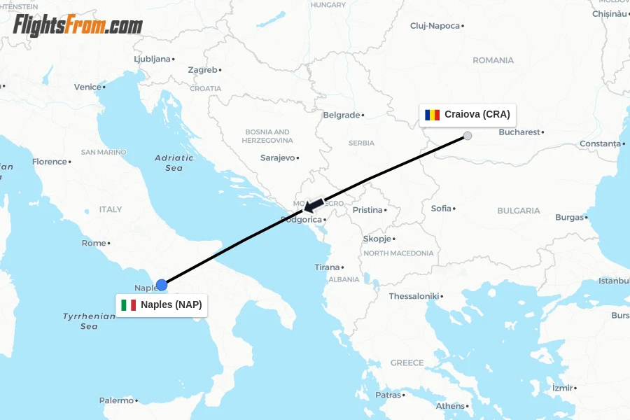 Flights from Craiova to Naples route map