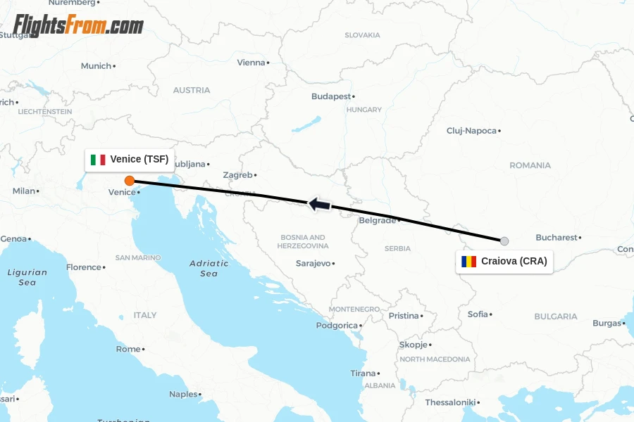Flights from Craiova to Venice route map