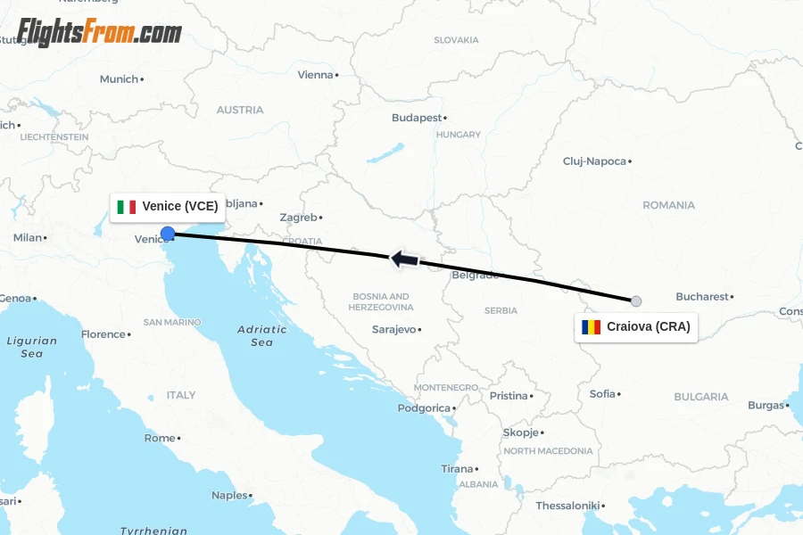 Flights from Craiova to Venice route map