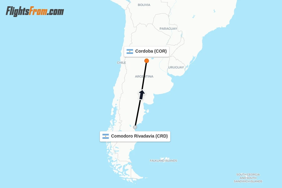 Flights from Comodoro Rivadavia to Cordoba route map