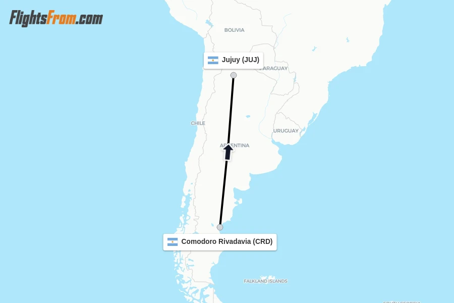 Flights from Comodoro Rivadavia to Jujuy route map