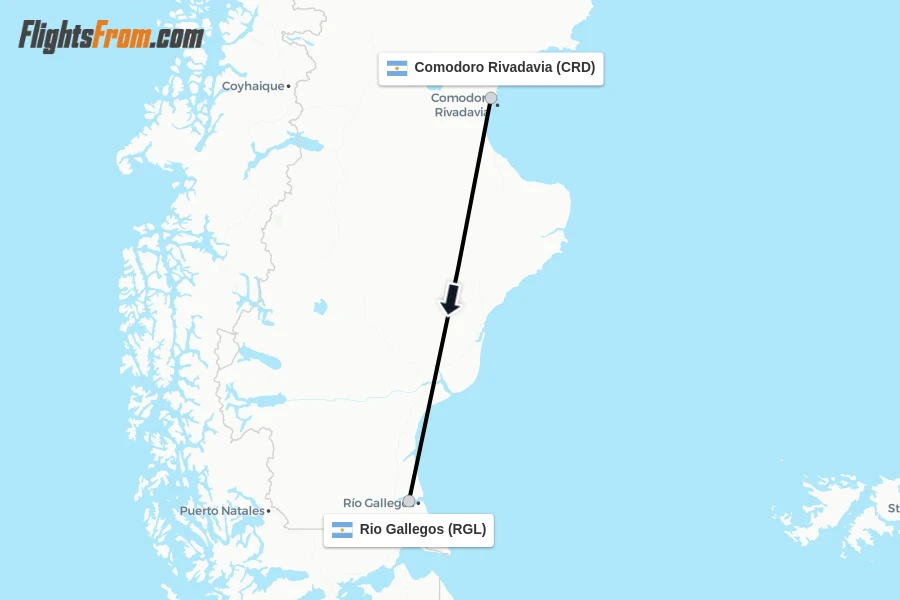 Flights from Comodoro Rivadavia to Rio Gallegos route map
