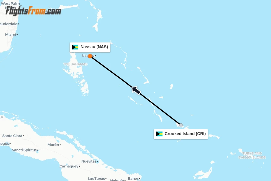 Flights from Crooked Island to Nassau route map