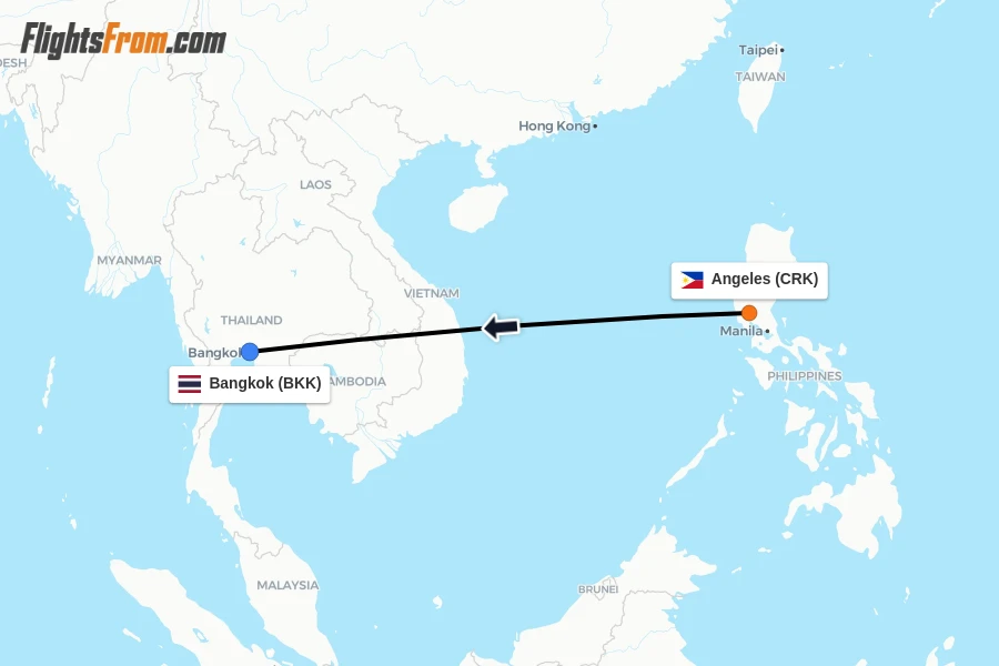 Flights from Angeles to Bangkok route map
