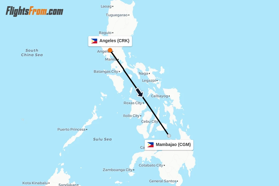 Flights from Angeles to Mambajao route map