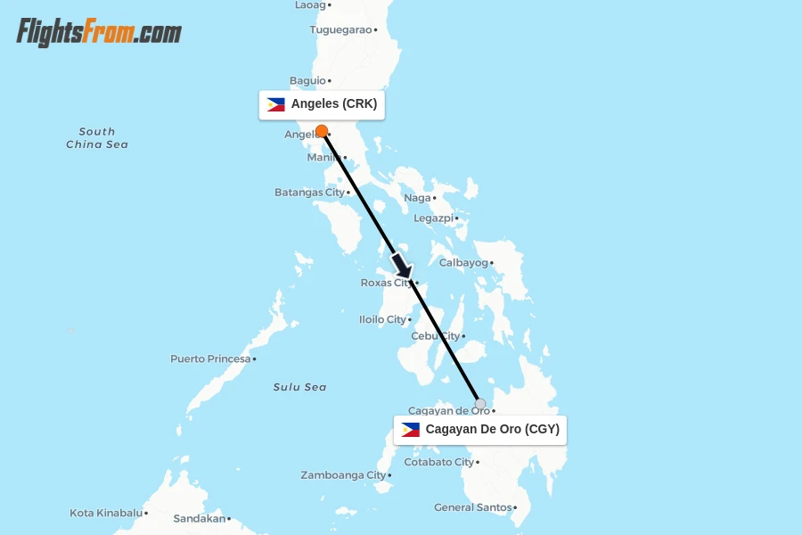 Flights from Angeles to Cagayan De Oro route map