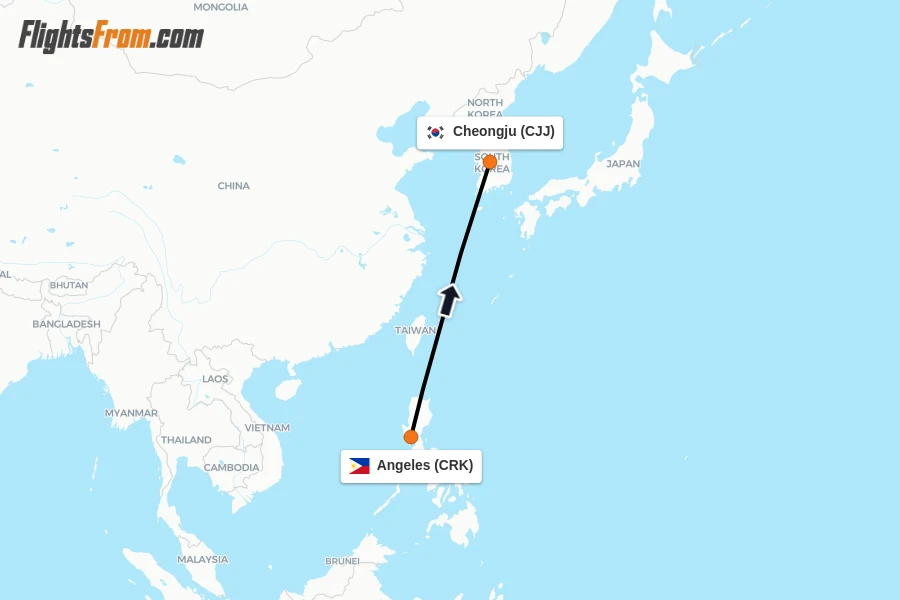 Flights from Angeles to Cheongju route map