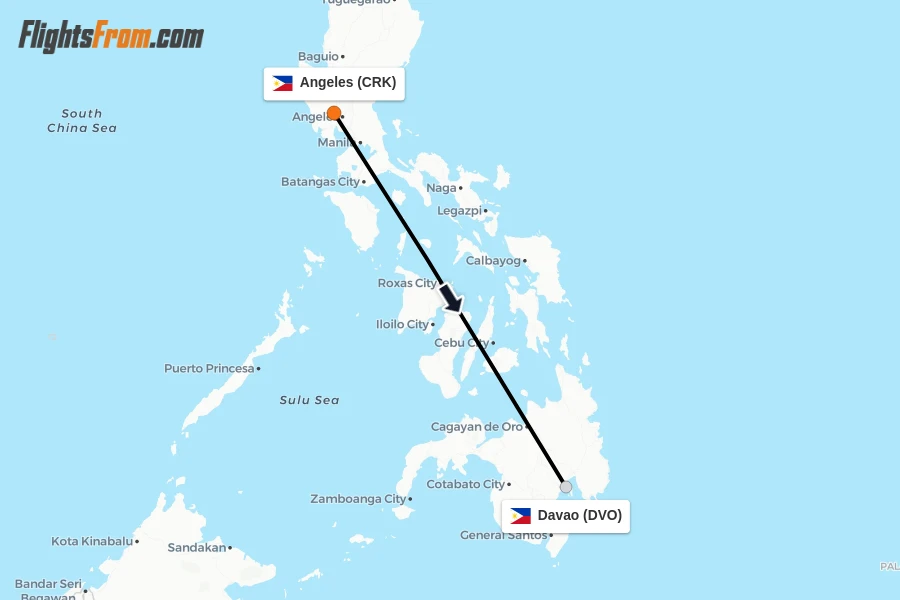 Flights from Angeles to Davao route map