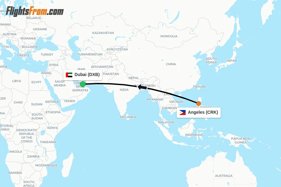 Flights from Angeles to Dubai route map