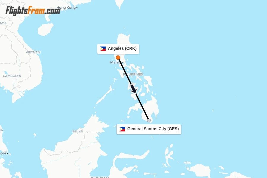 Flights from Angeles to General Santos City route map