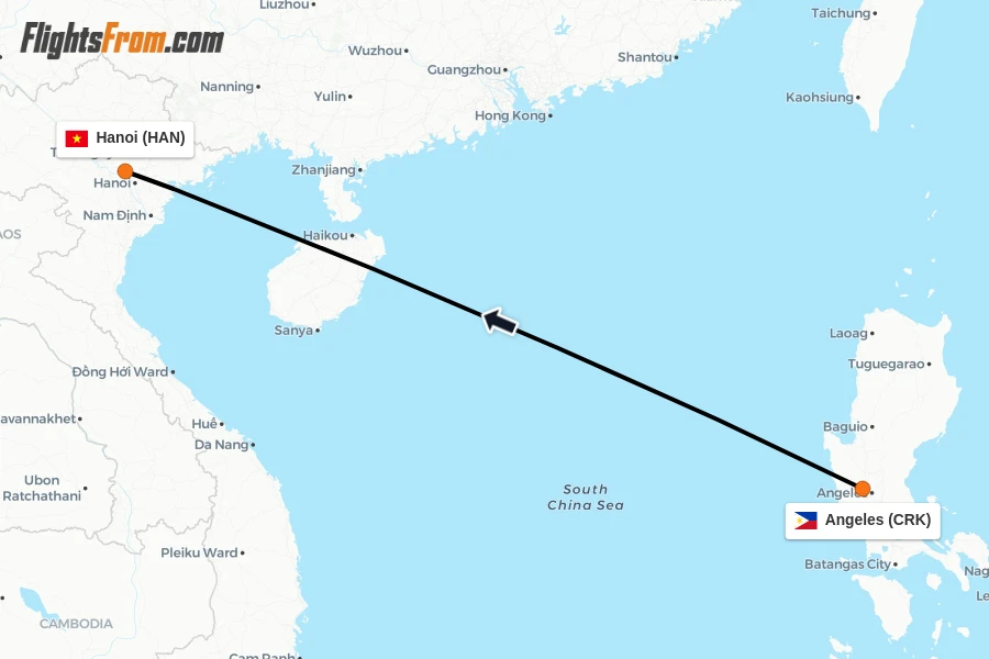Flights from Angeles to Hanoi route map