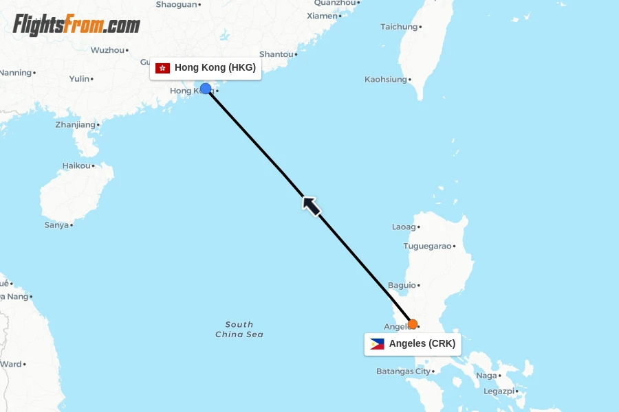 Flights from Angeles to Hong Kong route map