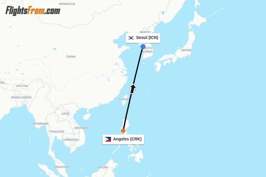 Flights from Angeles to Seoul route map