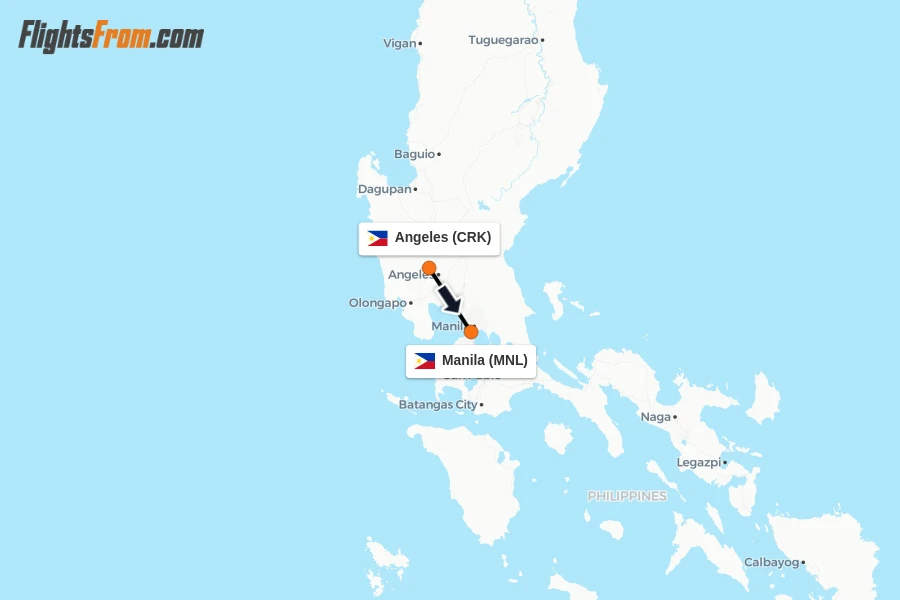 Flights from Angeles to Manila route map