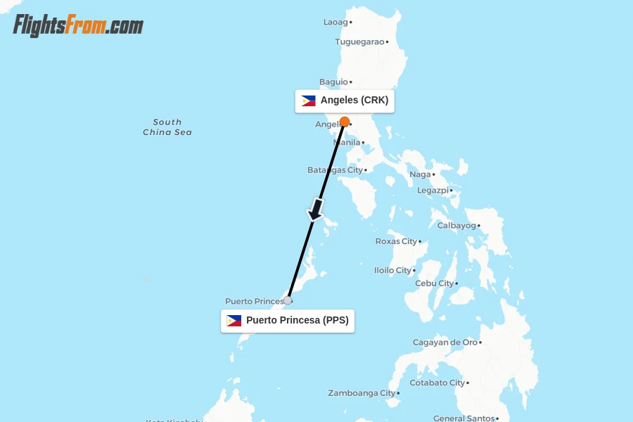 Flights from Angeles to Puerto Princesa route map