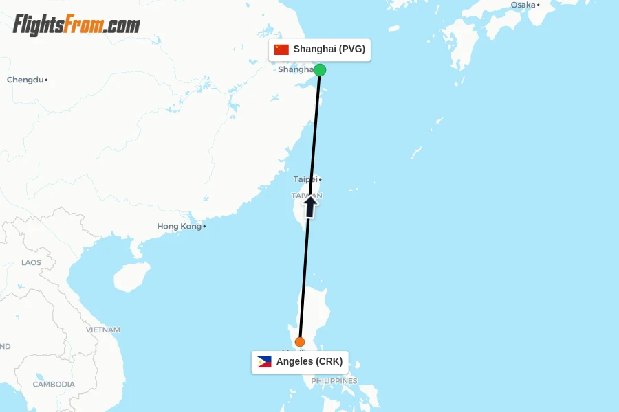Flights from Angeles to Shanghai route map