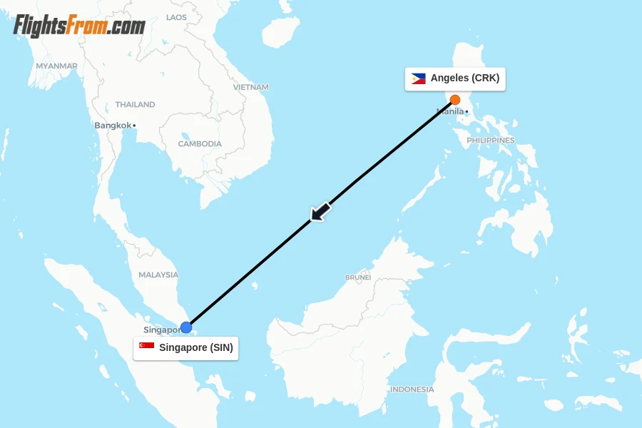 Flights from Angeles to Singapore route map