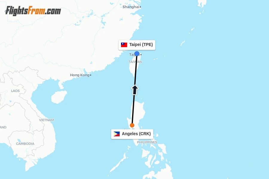 Flights from Angeles to Taipei route map
