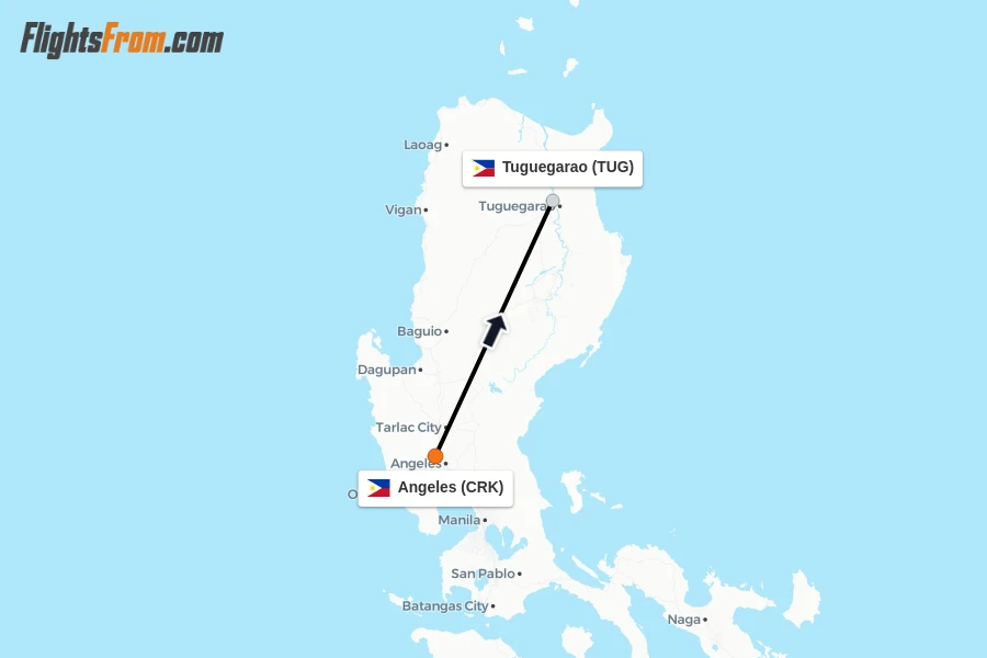 Flights from Angeles to Tuguegarao route map