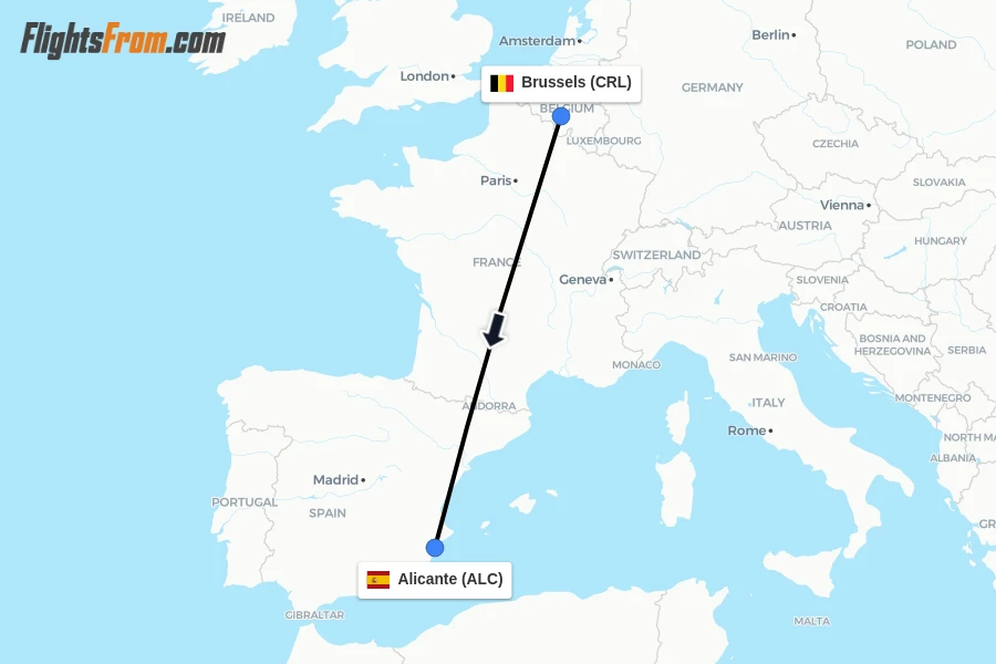 Flights from Brussels to Alicante route map