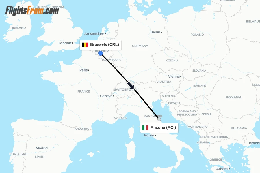 Flights from Brussels to Ancona route map