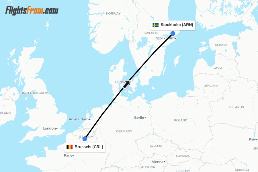 Flights from Brussels to Stockholm route map
