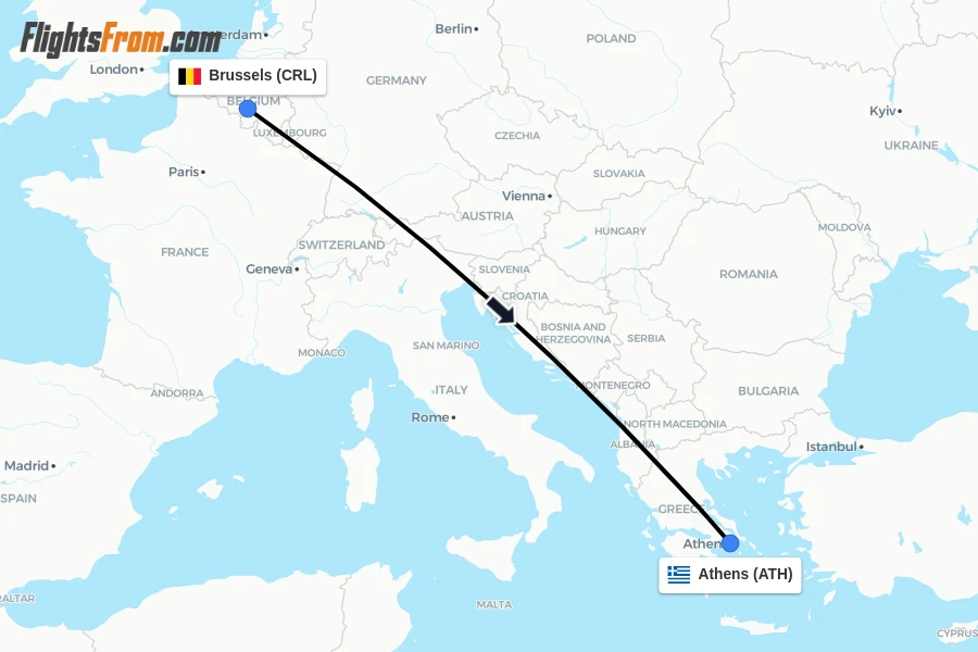 Flights from Brussels to Athens route map