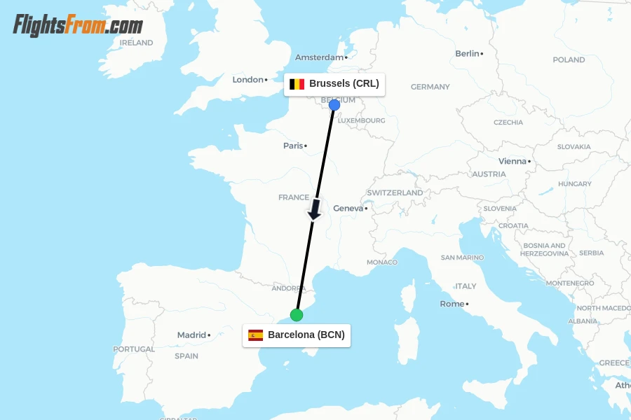 Flights from Brussels to Barcelona route map