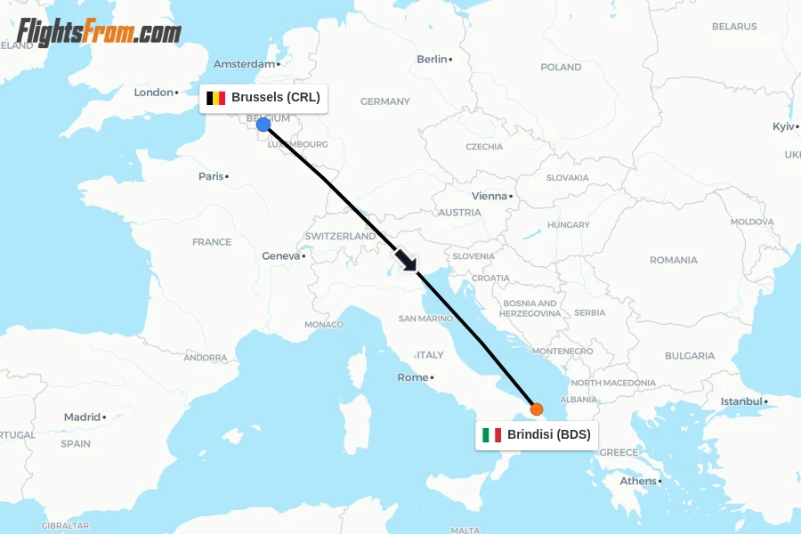 Flights from Brussels to Brindisi route map