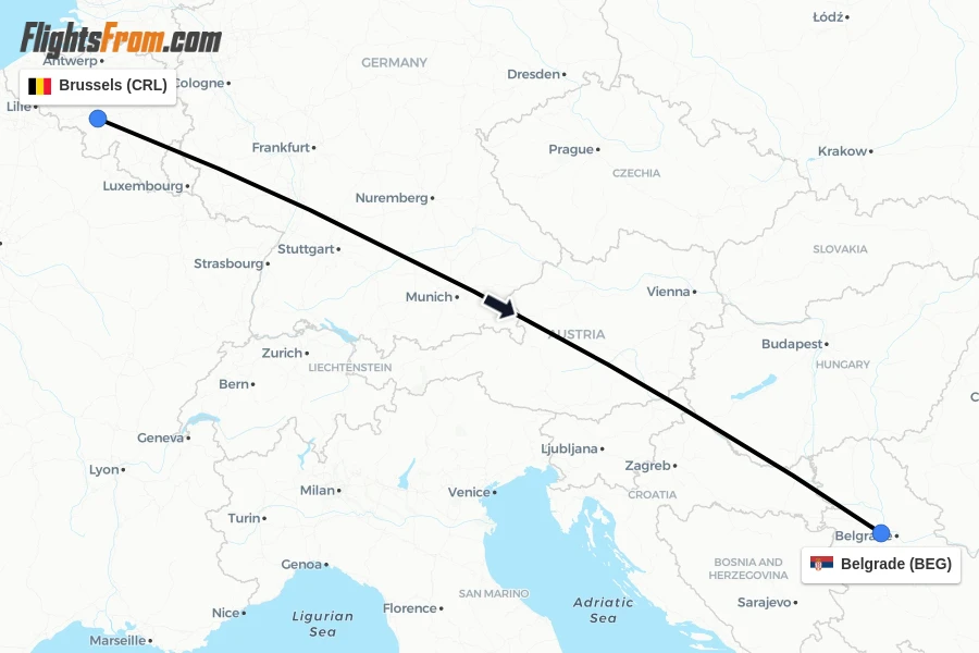 Flights from Brussels to Belgrade route map