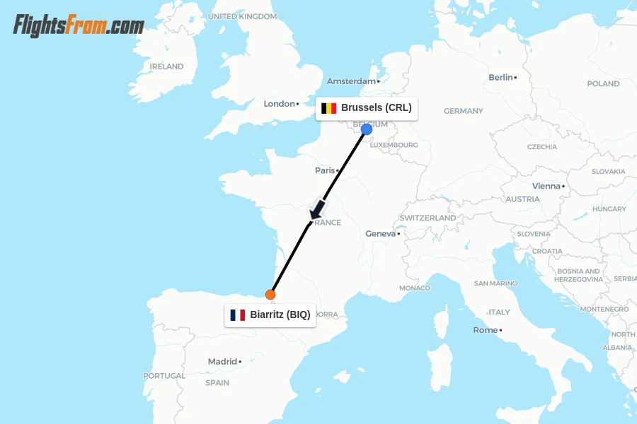 Flights from Brussels to Biarritz route map